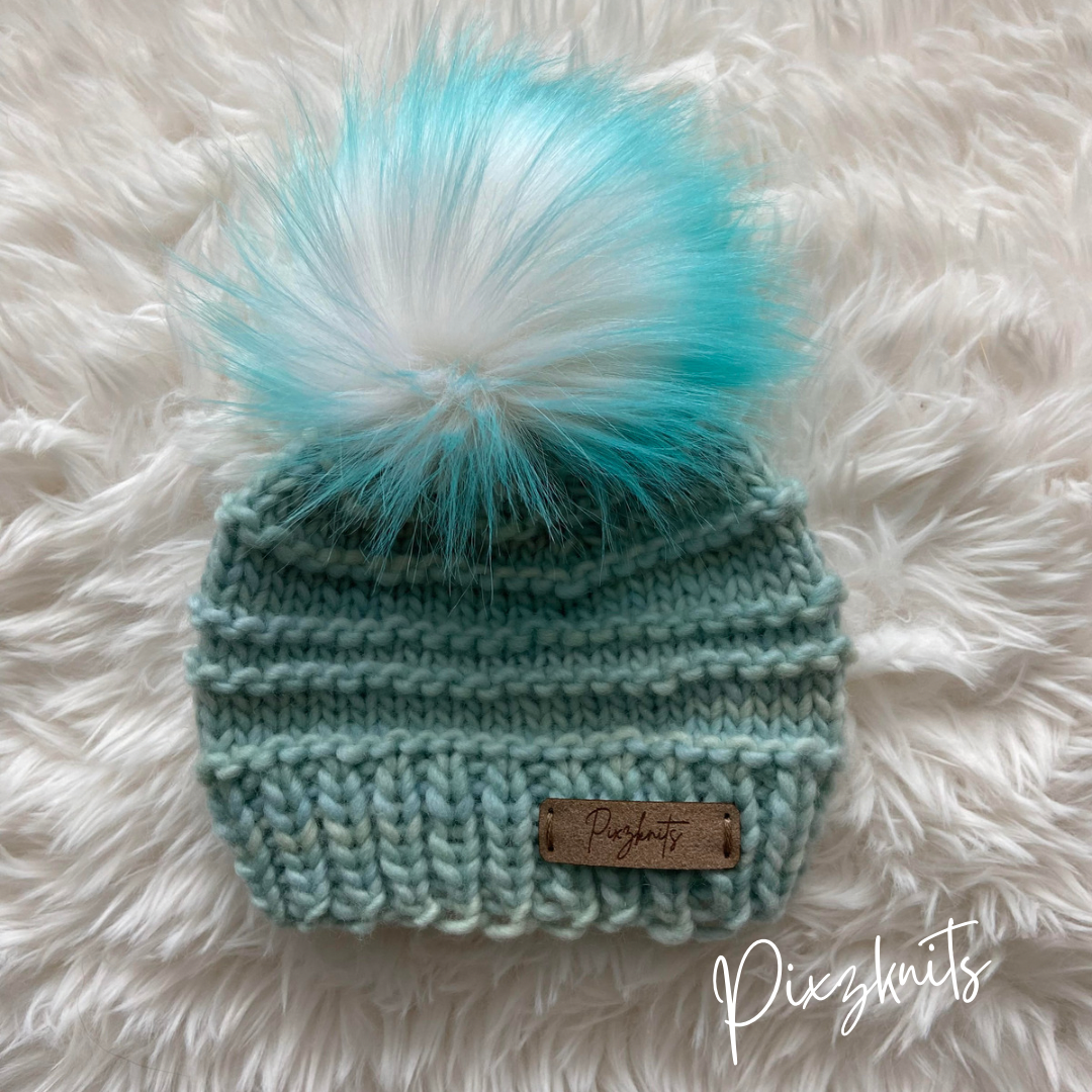 Knitted Aqua Newborn Hat with Pom