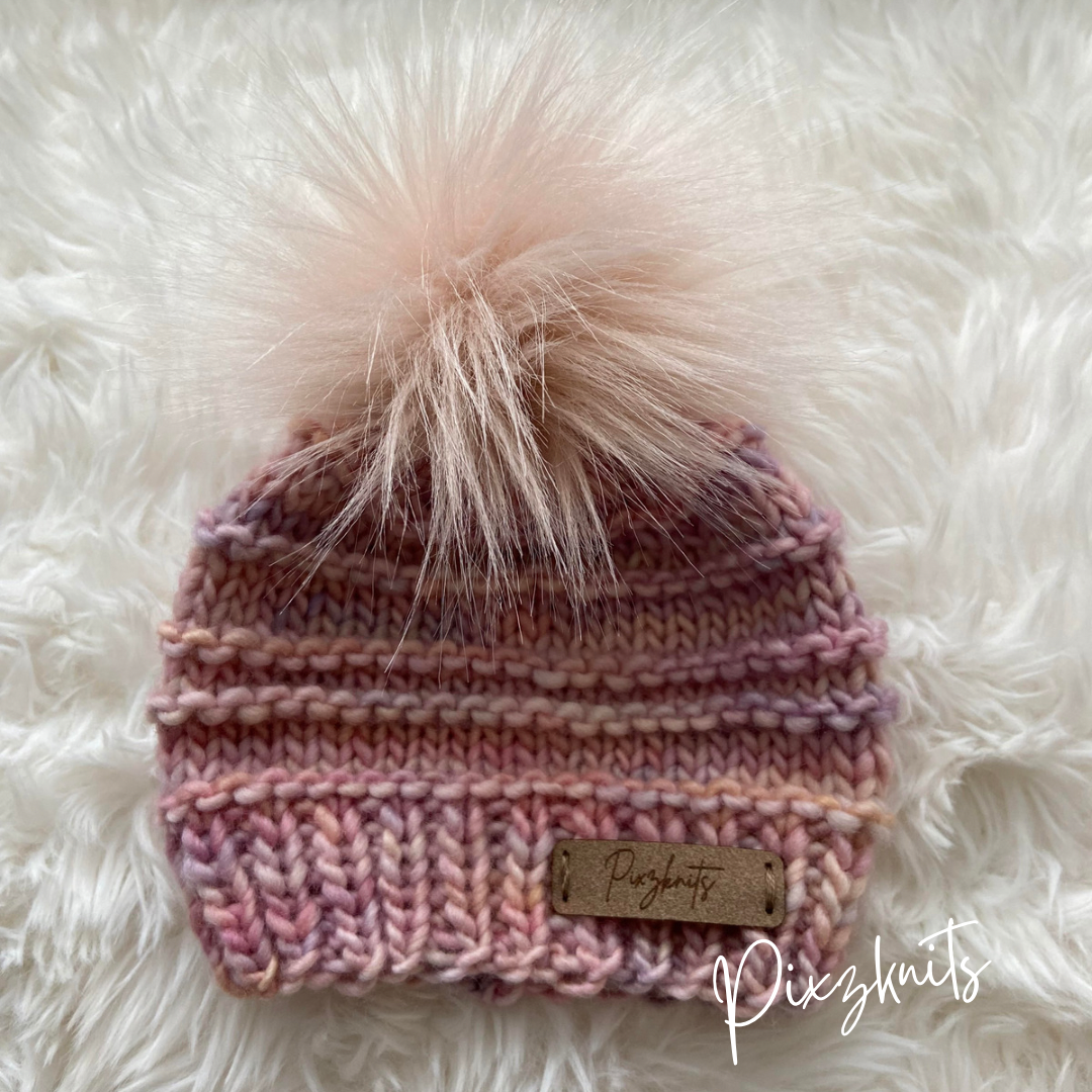Knitted Pink Newborn Hat with Pom