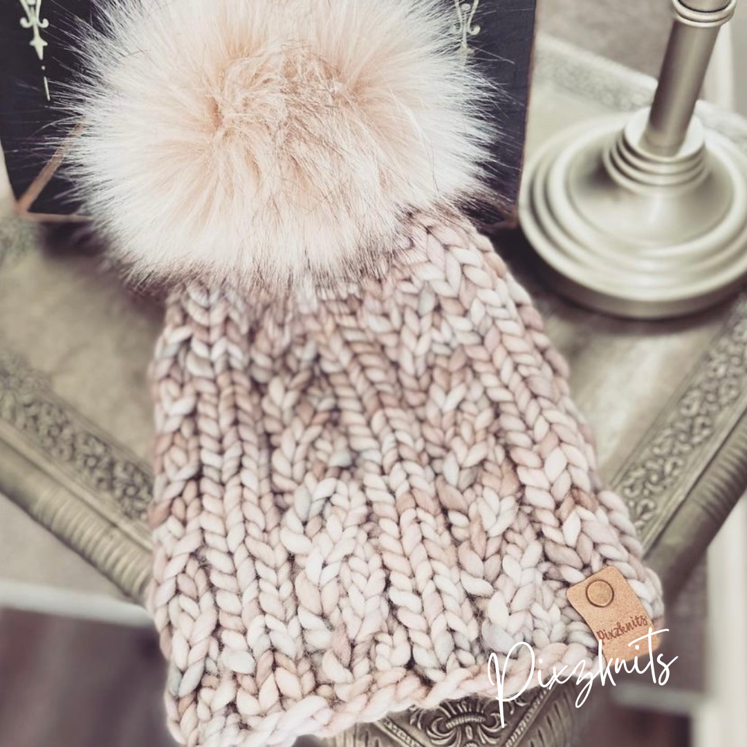 Handknit Merino Wool Hat with pom