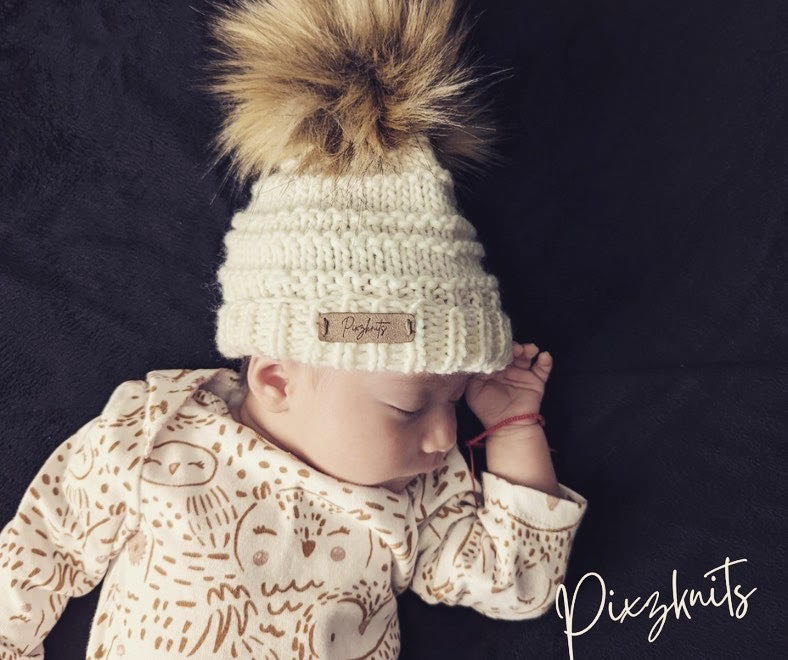 Knitted Cream Newborn Hat with Pom
