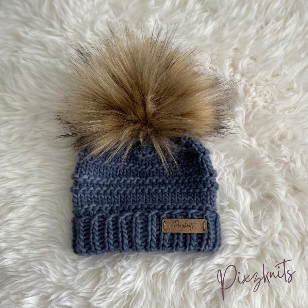 Knitted Blue Newborn Hat with Pom