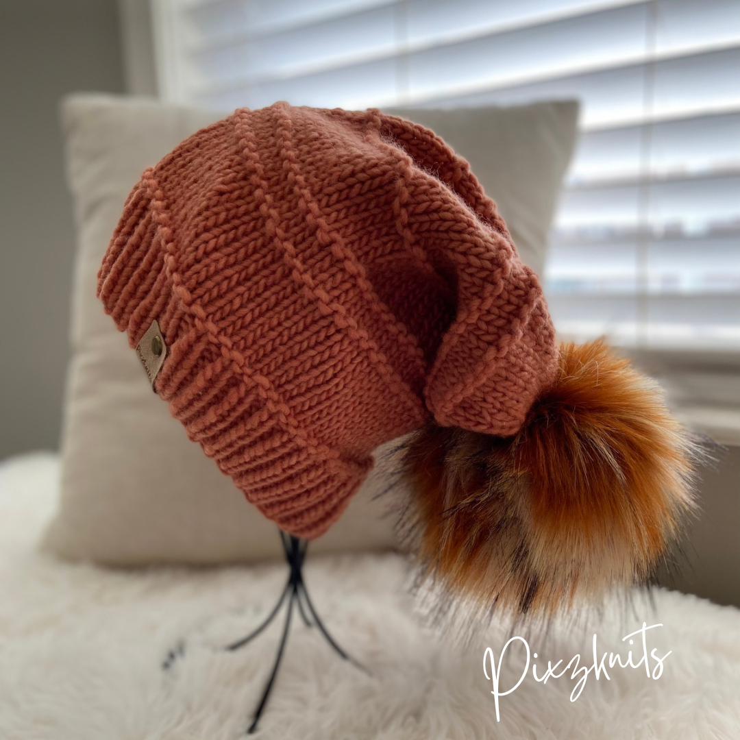 Slouchy Handknit Merino Wool Hat with Pom