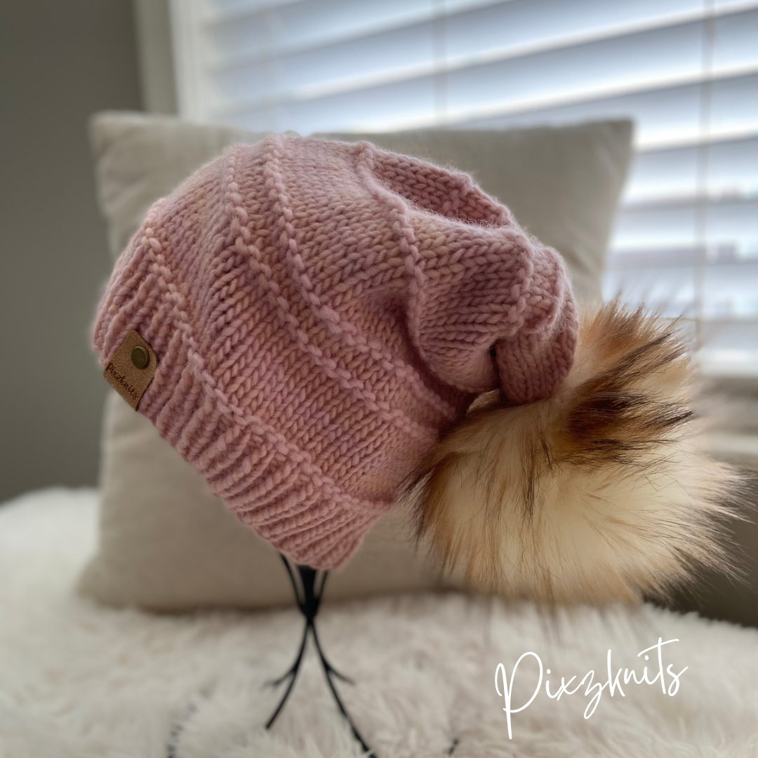 Slouchy Handknit Merino Wool Hat with Pom