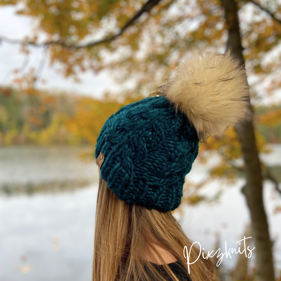 Women's Handknit Cabled Hat with Pom