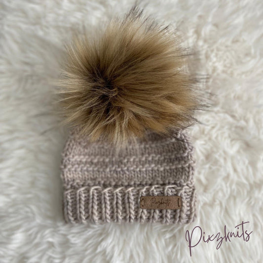 Knitted Taupe Newborn Hat with Pom